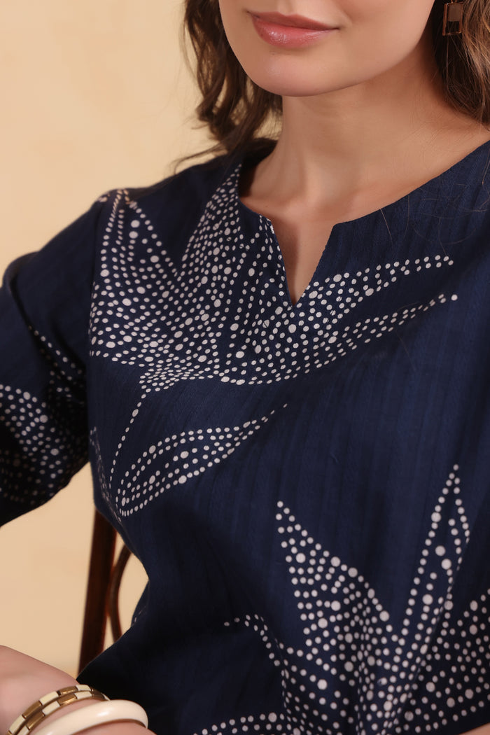 Blue Leaf Printed Tunic & Pant Cotton Co-ord Set