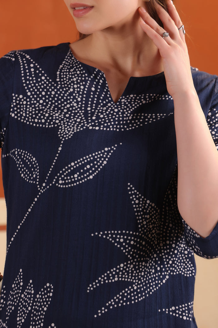 Blue Leaf Printed Tunic & Pant Cotton Co-ord Set