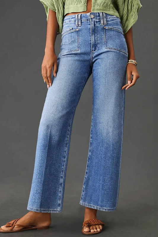 Blue Loose Straight Leg High Waist Jeans
