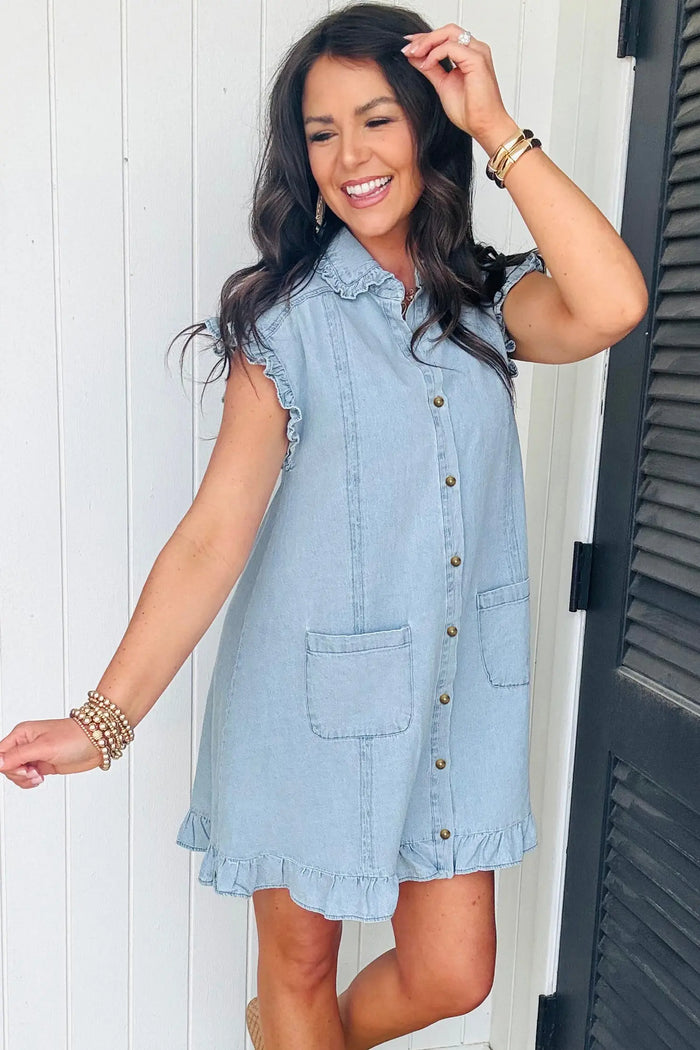 Blue Ruffled Edge Collared Shift Denim Dress with Pockets