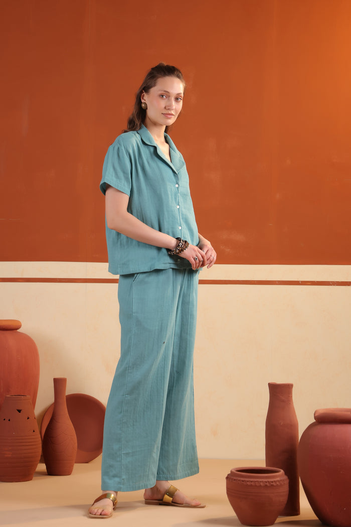 Blue Solid Cotton Button-Down Short Sleeve Night Suit Set