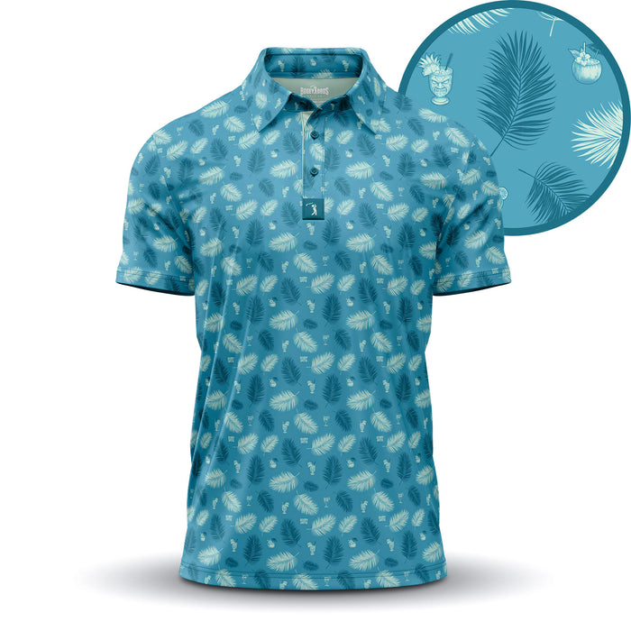 The Boat Drinks - Polo is a blue, short-sleeved, athletic-fit shirt with a collar and buttons, featuring moisture-wicking fabric and a tropical pattern of white palm leaves and coconut drinks. A close-up circle highlights the detailed design.