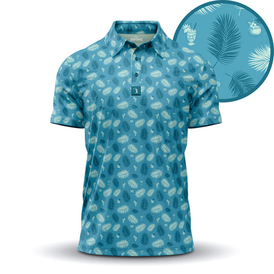 The Boat Drinks - Polo is a blue, short-sleeved, athletic-fit shirt with a collar and buttons, featuring moisture-wicking fabric and a tropical pattern of white palm leaves and coconut drinks. A close-up circle highlights the detailed design.