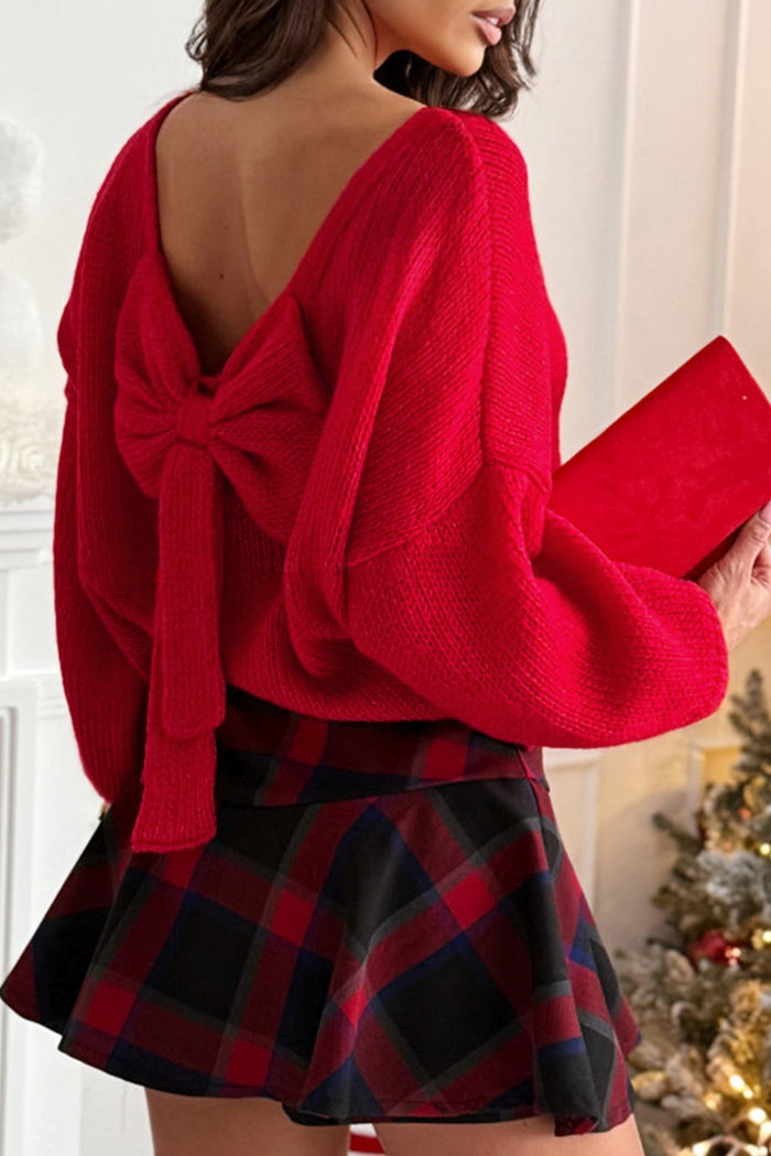 Bow Backless Bubble Sleeve Sweater - Red / S - Sweaters & Cardigans/Sweaters
