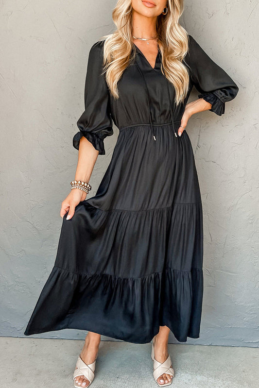 Bracelet Sleeve V-Neck Tiered Maxi Dress - Black / S - Dresses/Maxi Dresses
