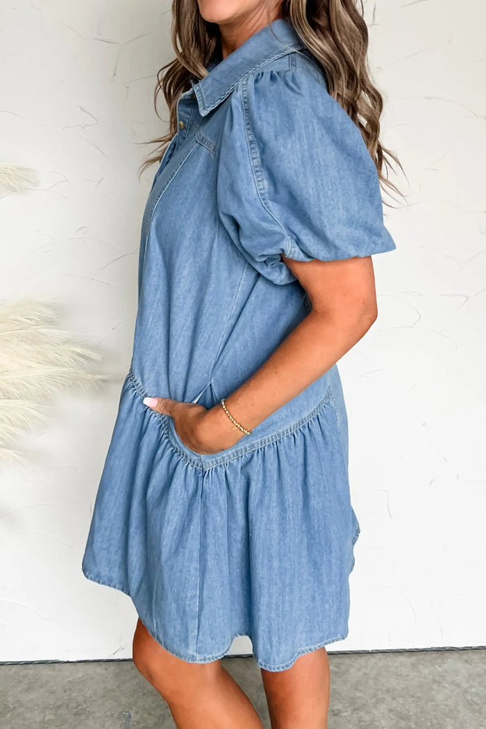 Button Down Short Puff Sleeve Ruffle Hem Patchwork Denim Dress