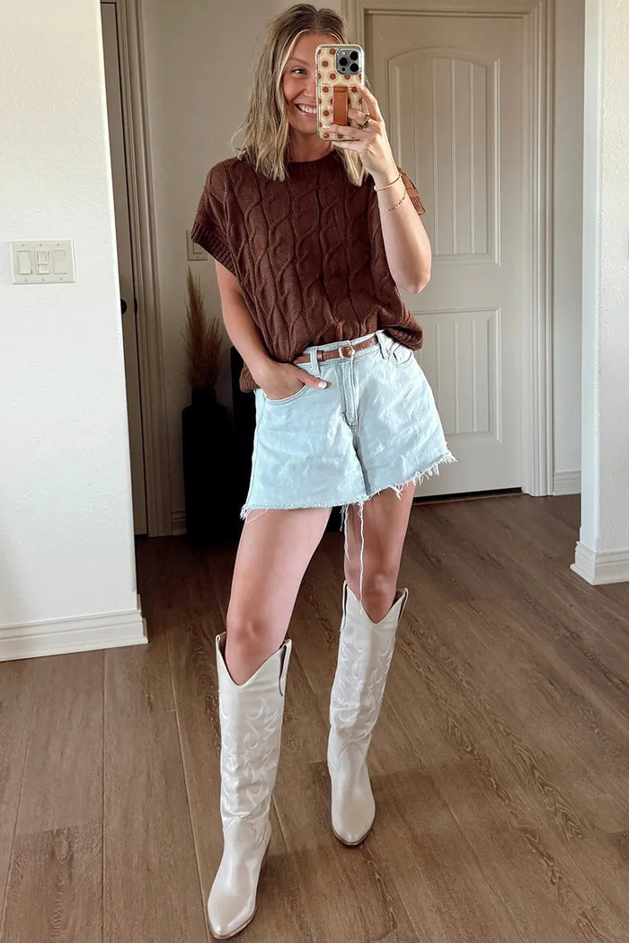 Cable Texture Crew Neck Short Sleeve Sweater Top