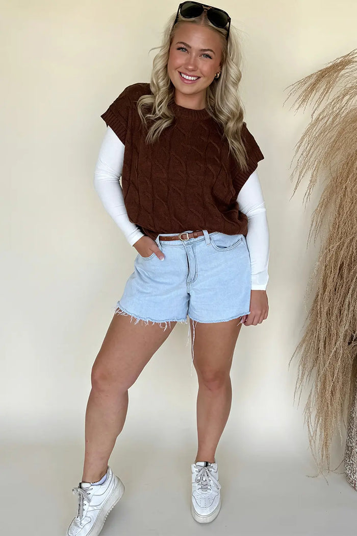 Cable Texture Crew Neck Short Sleeve Sweater Top