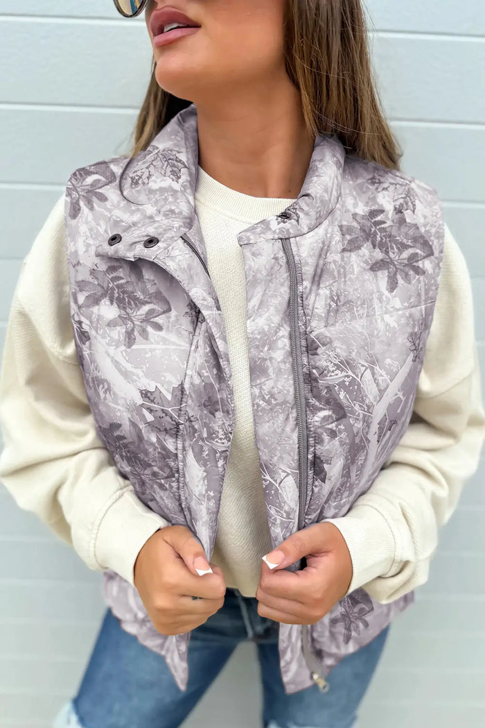 Camo Leaf Print Winter Puffer Vest - Grey / S - Outerwear/Vests
