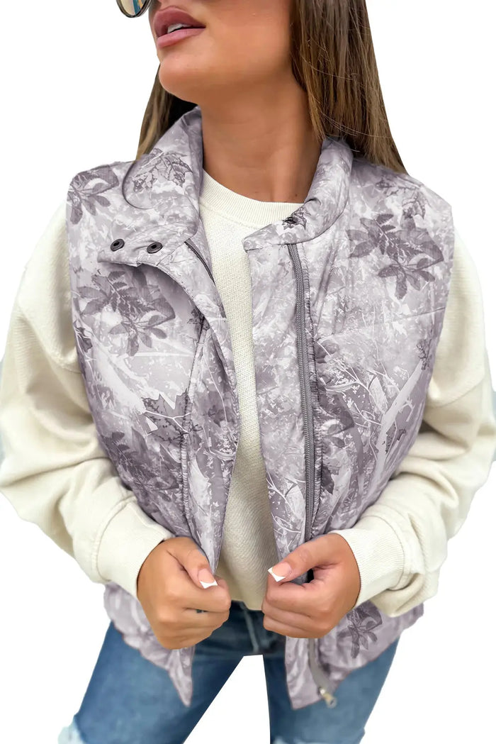 Camo Leaf Print Winter Puffer Vest - Outerwear/Vests