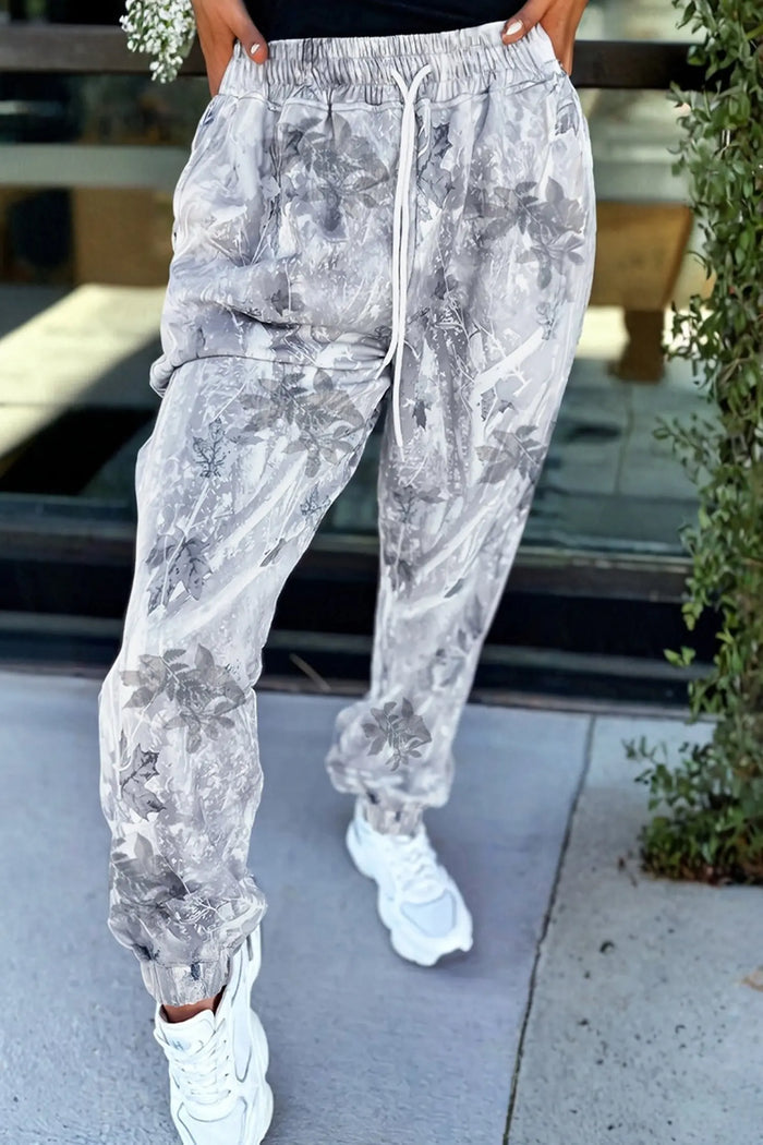Camo Print Drawstring Elastic Waist Joggers - Grey / S - Bottoms/Joggers