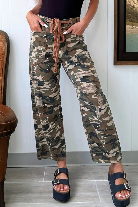 Camouflage Print Splashed Distressed Loose Denim Pants - Green / 4 - Bottoms/Pants & Culotte