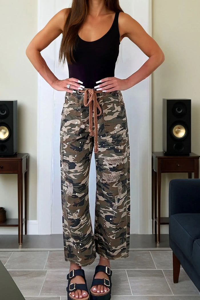 Camouflage Print Splashed Distressed Loose Denim Pants - Bottoms/Pants & Culotte