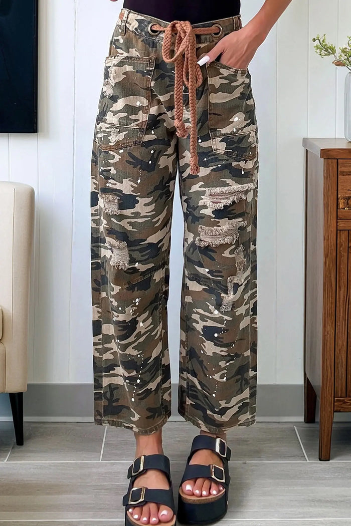 Camouflage Print Splashed Distressed Loose Denim Pants - Bottoms/Pants & Culotte