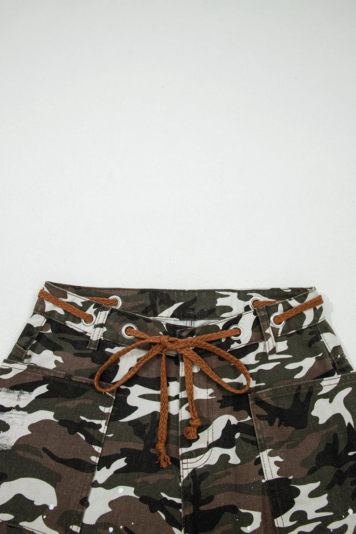 Camouflage Print Splashed Distressed Loose Denim Pants - Bottoms/Pants & Culotte