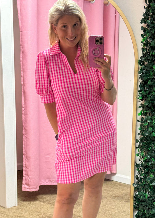 Caroline Hot Pink Gingham Bubble Sleeve Dress – UPF 50+ Sun Protection