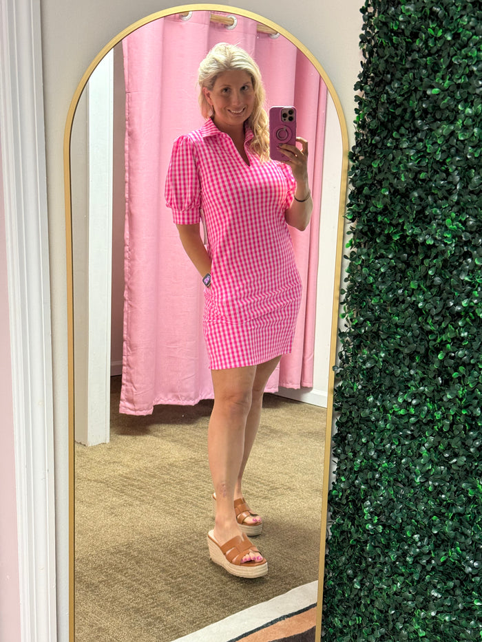 Caroline Hot Pink Gingham Bubble Sleeve Dress – UPF 50+ Sun Protection