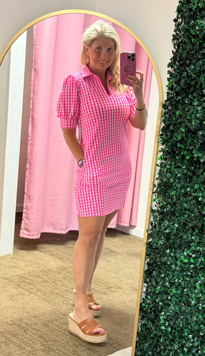 Caroline Hot Pink Gingham Bubble Sleeve Dress – UPF 50+ Sun Protection