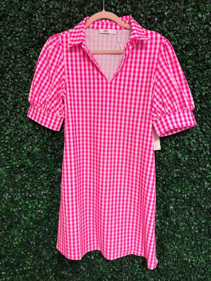 Caroline Hot Pink Gingham Bubble Sleeve Dress – UPF 50+ Sun Protection