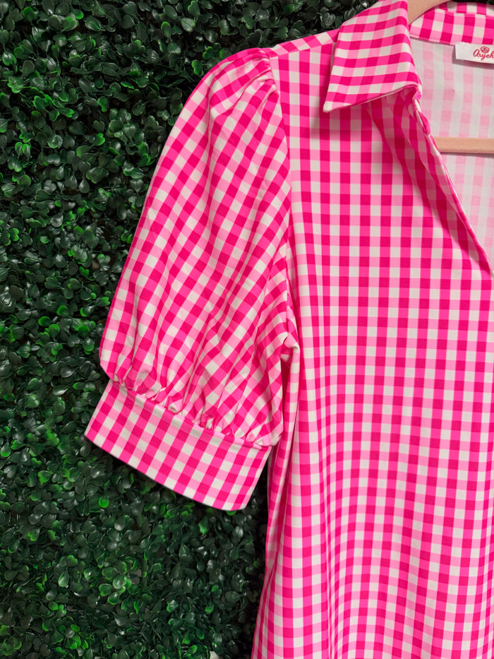 Caroline Hot Pink Gingham Bubble Sleeve Dress – UPF 50+ Sun Protection