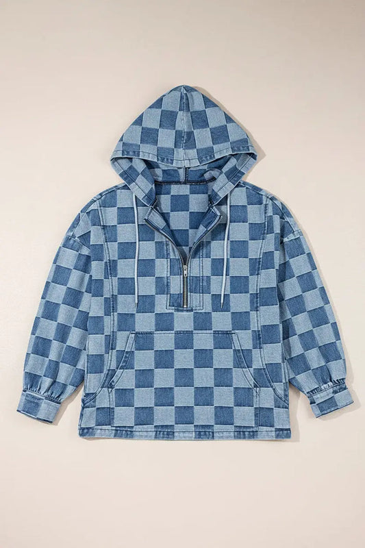 Checkerboard Zip Neck Kangaroo Pocket Denim Hoodie - Tops/Sweatshirts & Hoodies