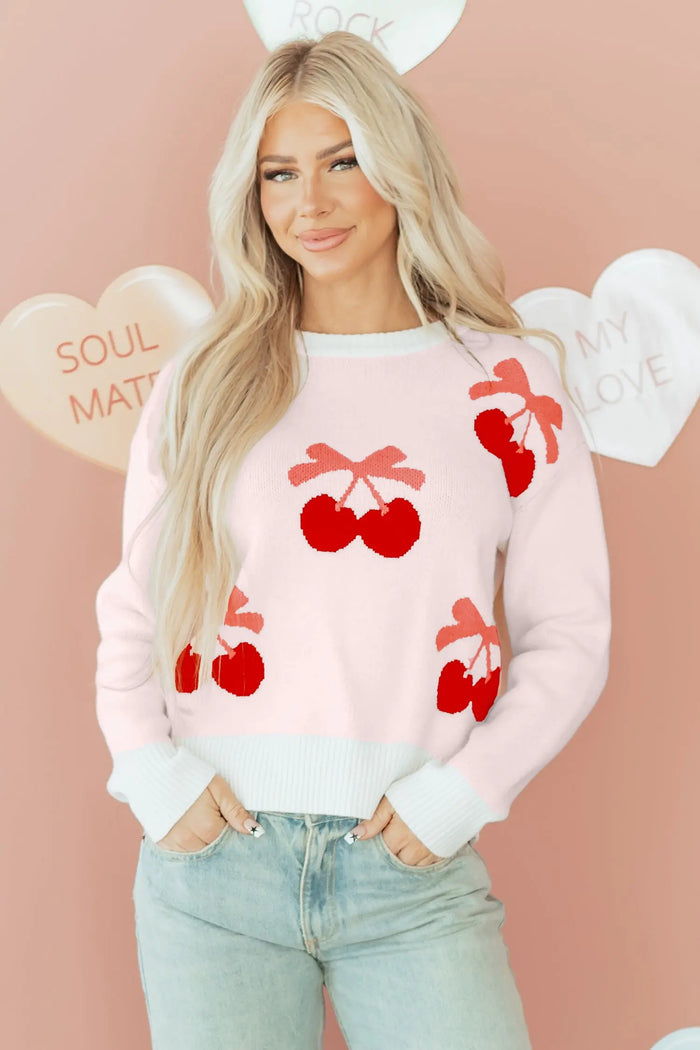 Cherry Pattern Drop Shoulder Sweater - White / S - Sweaters & Cardigans/Sweaters