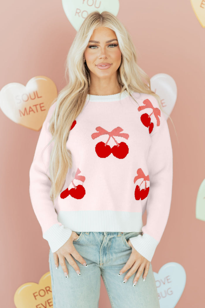 Cherry Pattern Drop Shoulder Sweater - Sweaters & Cardigans/Sweaters