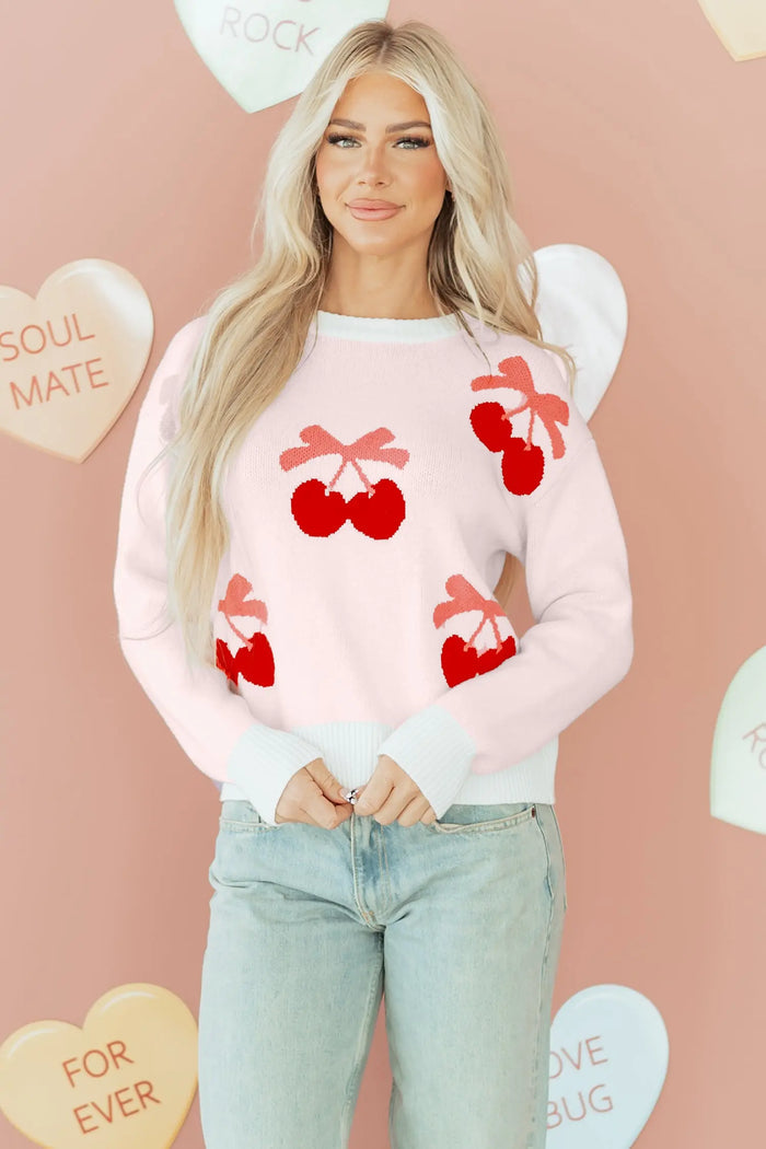 Cherry Pattern Drop Shoulder Sweater - Sweaters & Cardigans/Sweaters