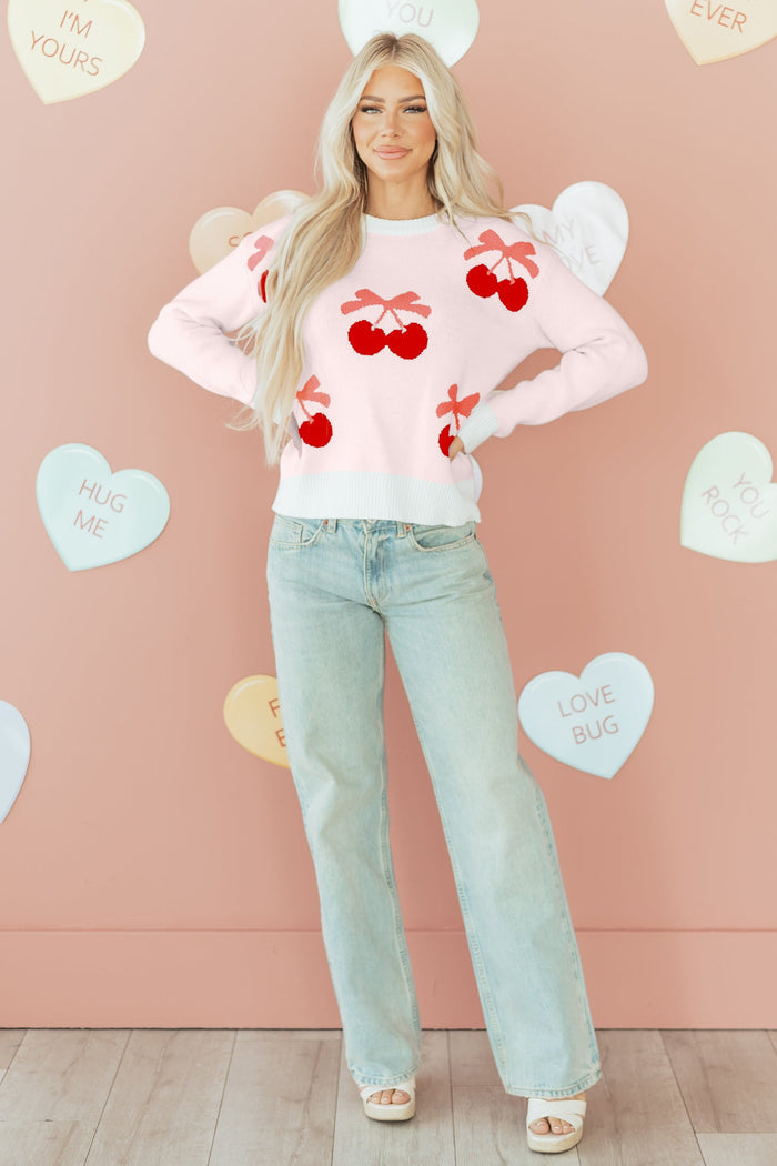 Cherry Pattern Drop Shoulder Sweater - Sweaters & Cardigans/Sweaters