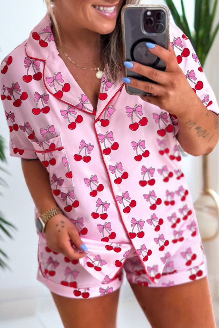 Cherry/Bow Print Short Pyjama Set - Pink / S - Loungewear & Sleepwear/Pyjama Shorts
