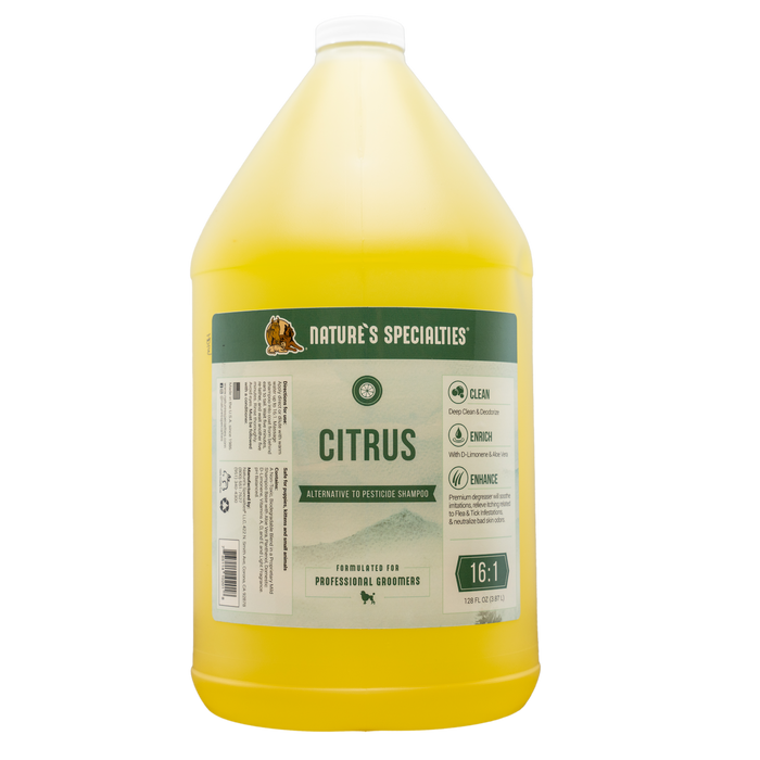 A gallon bottle of Citrus Shampoo. Fight pests with this alternative to pesticide grooming shampoo.