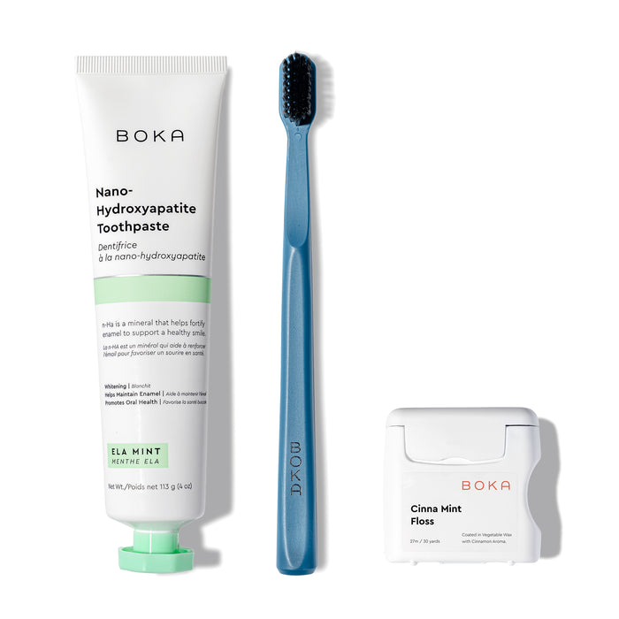 The Classic Kit includes nano-hydroxyapatite toothpaste, a blue brush, and teflon-free floss.