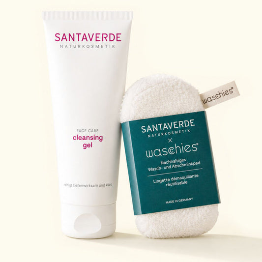Das Cleansing Duo Clear kombiniert das Santaverde cleansing gel mit einem wiederverwendbaren waschies® Pa