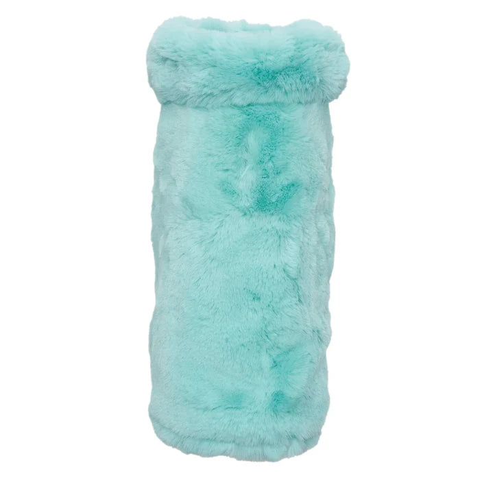 Turquoise fluffy dog toy on a white background