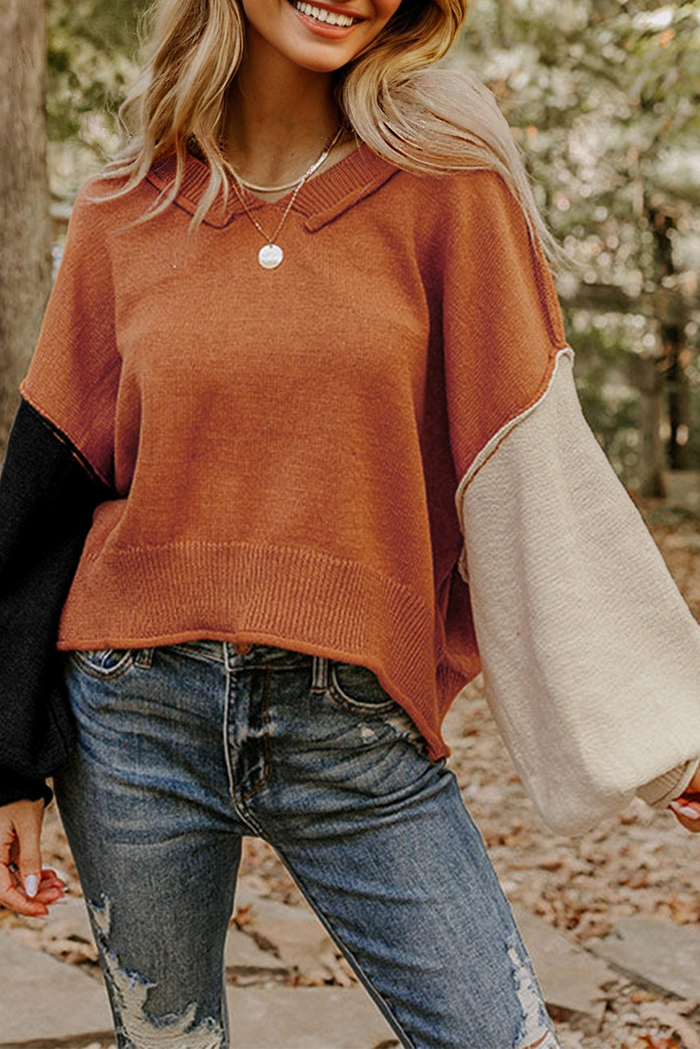 Colourblock Raw Edge Bubble Sleeve V-Neck Oversized Sweater - Brown / S - Sweaters & Cardigans/Sweaters