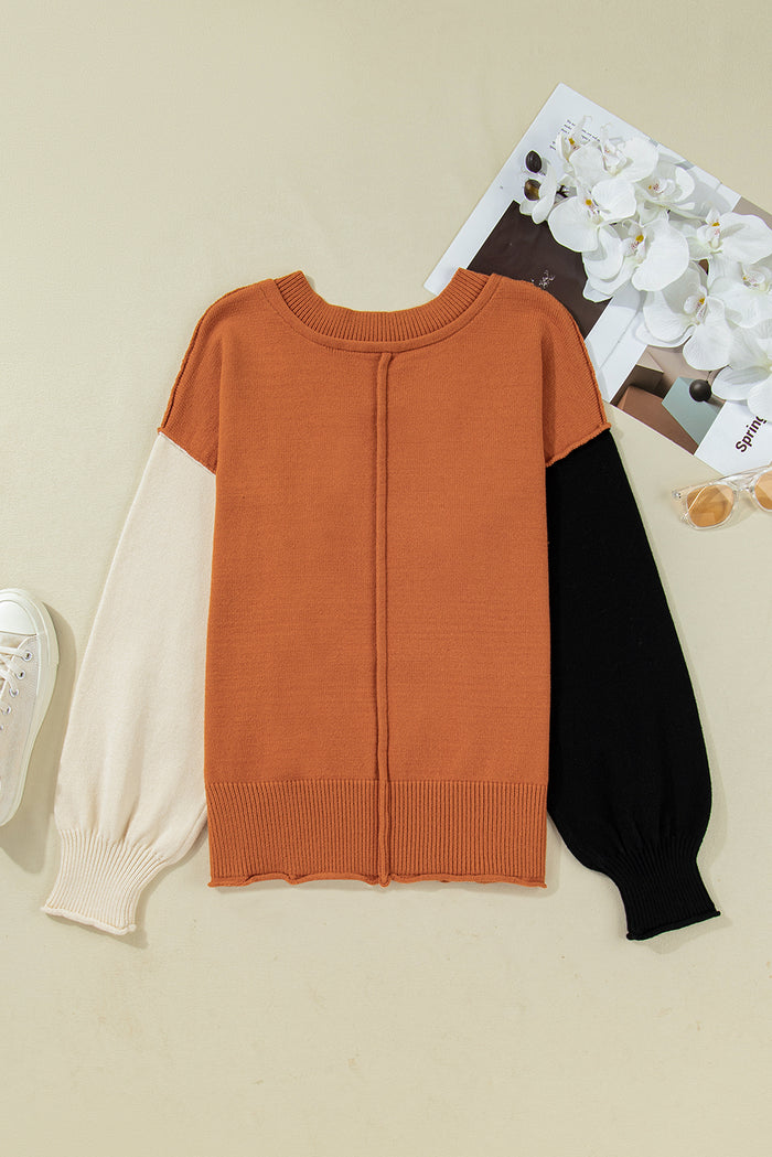 Colourblock Raw Edge Bubble Sleeve V-Neck Oversized Sweater - Sweaters & Cardigans/Sweaters