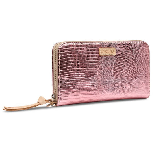 pink metallic zip wallet