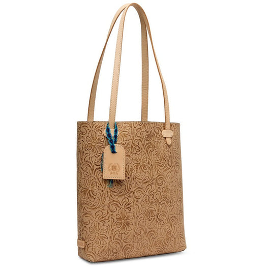 light brown tooled leather tote from consuela