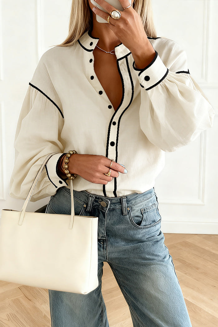 Contrast Colour Trim Button Down Long Puff Sleeve Shirt