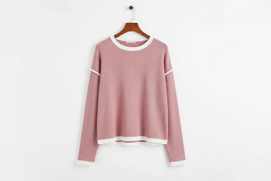 Contrast Colour Trim Knit Drop Shoulder Top - Tops/Long Sleeve Tops