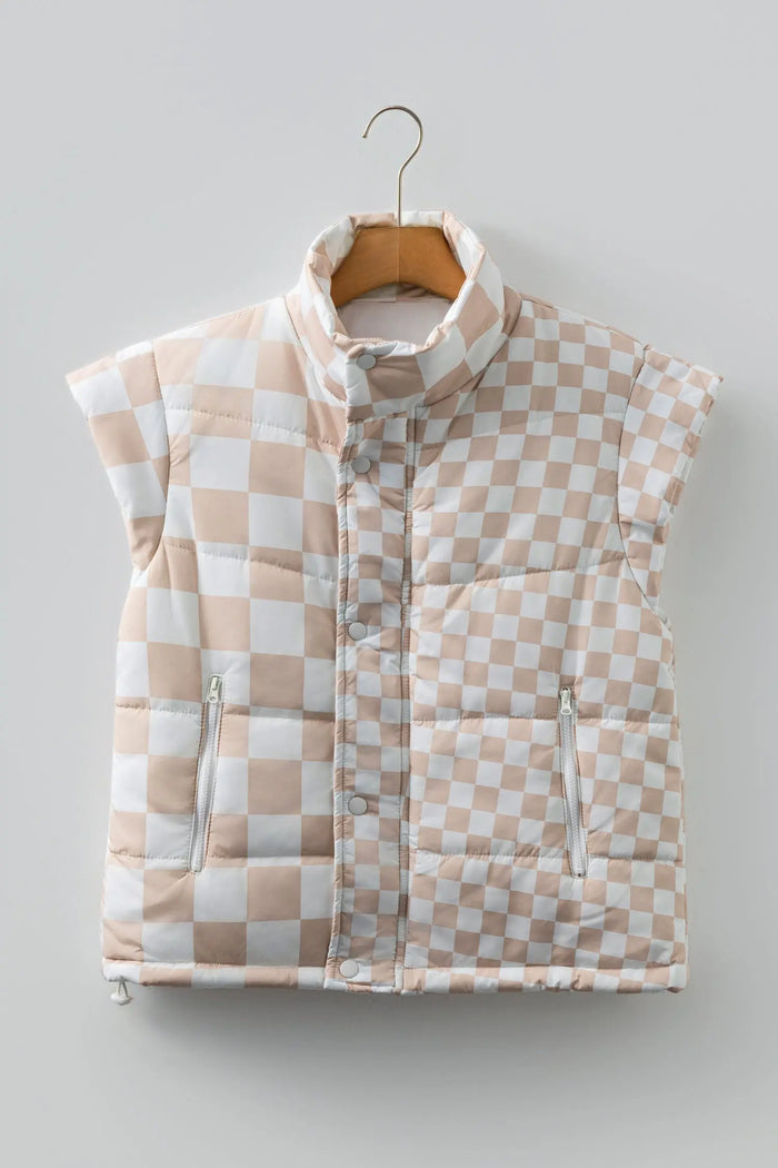 Contrast Plaid Quilted Button Zip-Up Vest - Outerwear/Vests