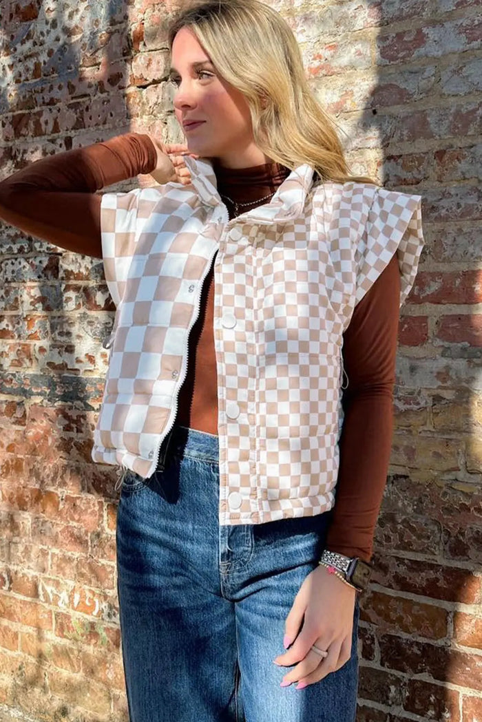 Contrast Plaid Quilted Button Zip-Up Vest - Outerwear/Vests