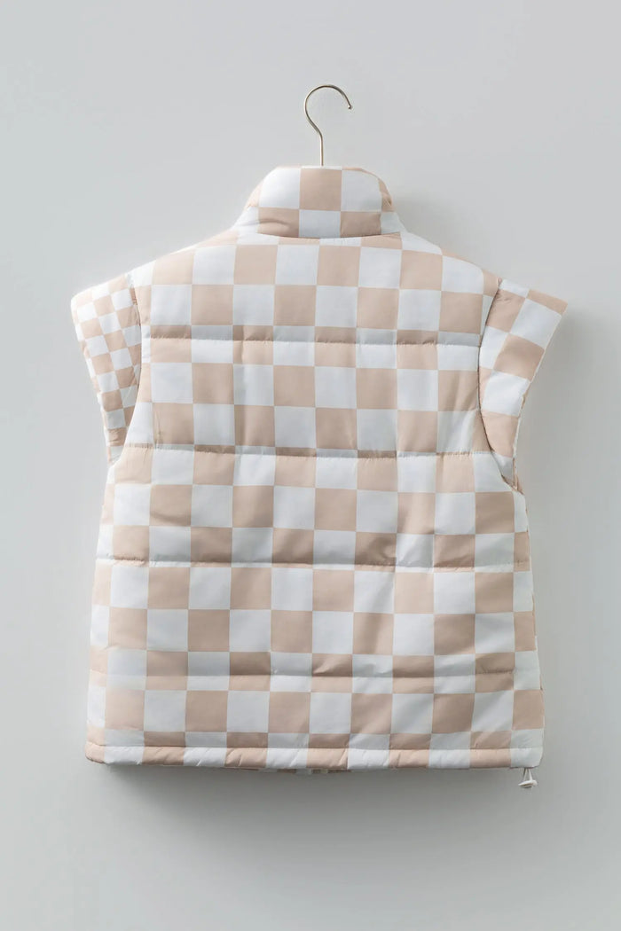 Contrast Plaid Quilted Button Zip-Up Vest - Outerwear/Vests