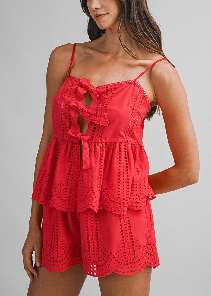 Coralie Eyelet Lace Tank & Shorts Set - Red