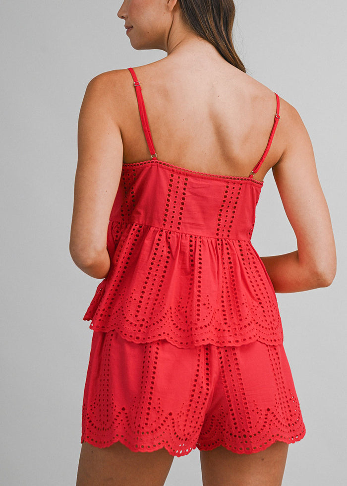 Coralie Eyelet Lace Tank & Shorts Set - Red