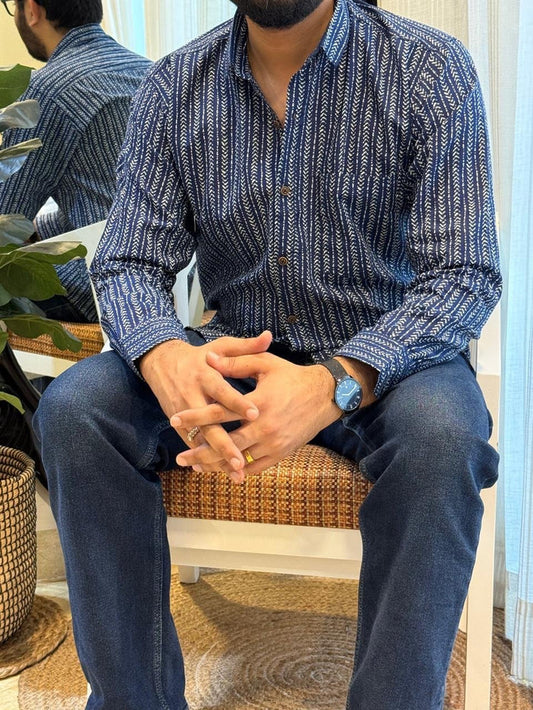 Cotton Men? Full Sleeves Shirt- Indigo Lines