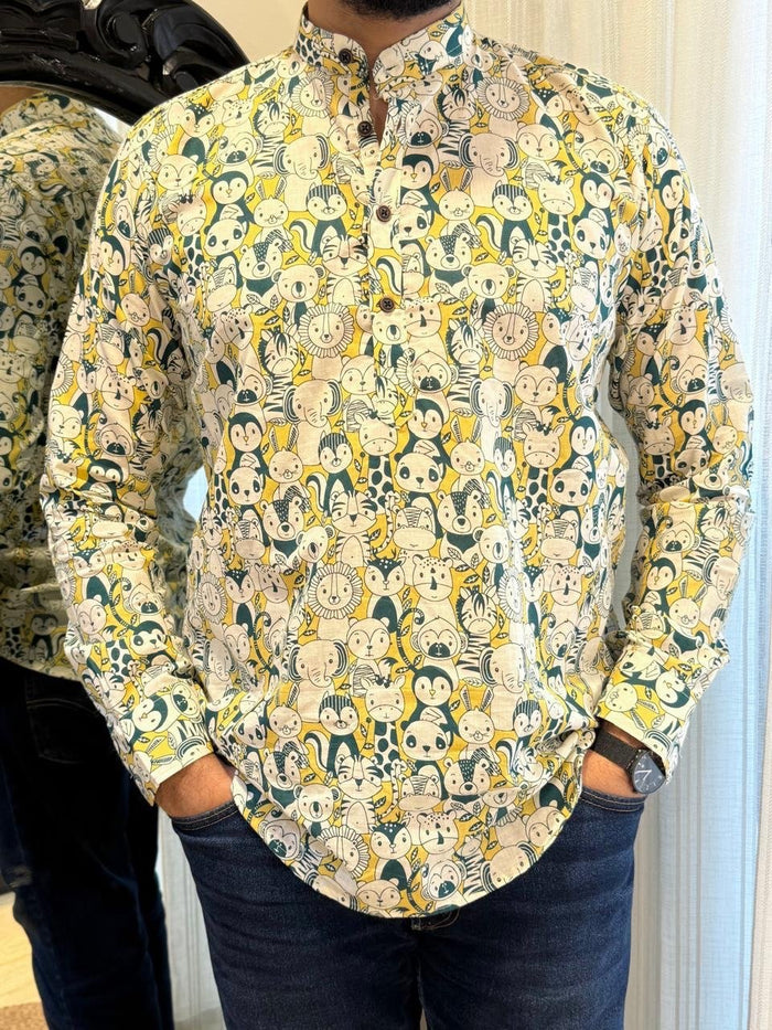 Cotton Men?? Short Kurta- White Green Zoo