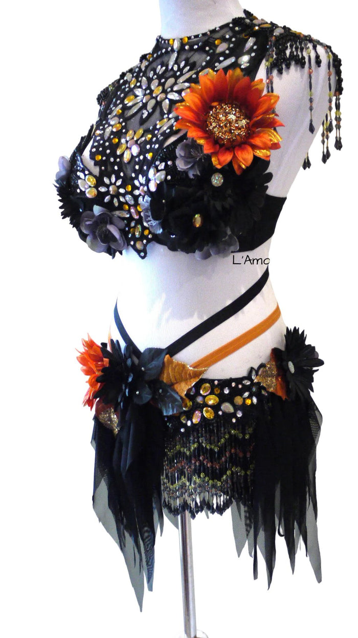 Dark Orange Halloween Fairy Dance Costume Rave Bra and Skirt