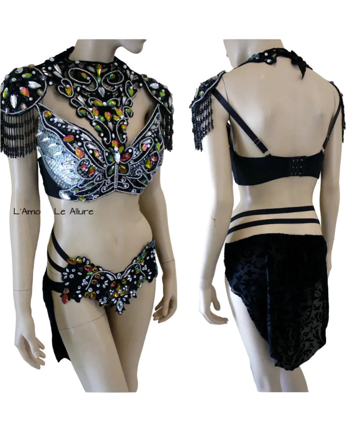 Dark Rainbow Butterfly Fairy Costume Dance Rave Bra and Skirt