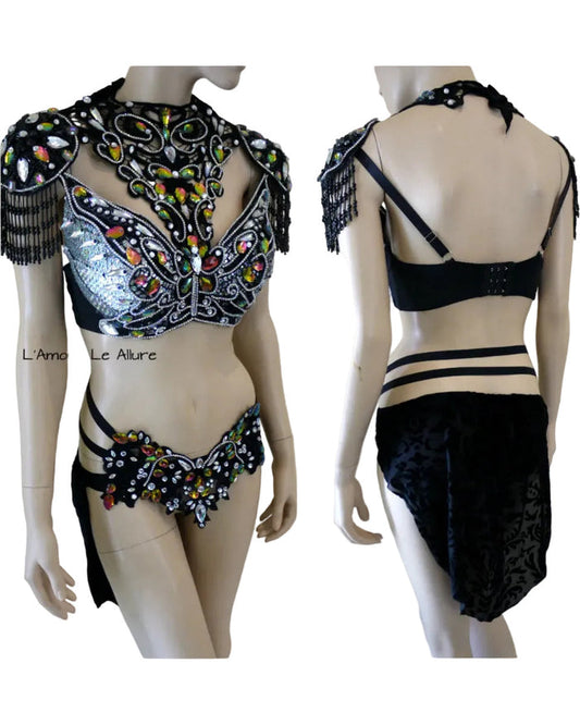 Dark Rainbow Butterfly Fairy Costume Dance Rave Bra and Skirt